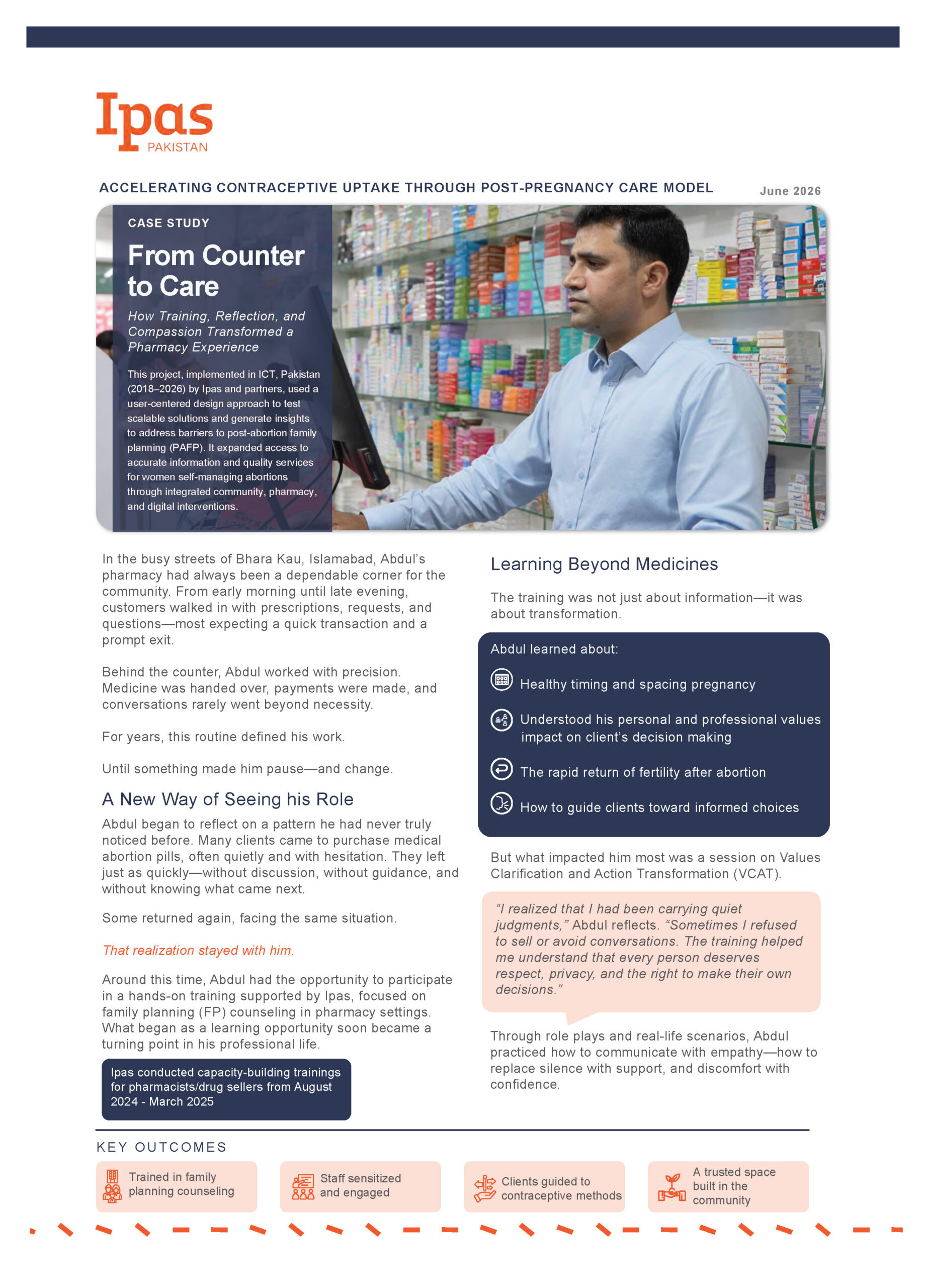 A pharmacist stands behind a counter filled with colorful medicine boxes, holding paperwork. The text highlights a case study on contraceptive uptake and learning beyond medicines in a pharmacy setting. A pharmacist stands behind a counter filled with colorful medicine boxes, holding paperwork. The text highlights a case study on contraceptive uptake and learning beyond medicines in a pharmacy setting.