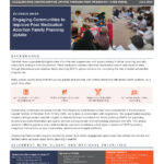A woman in colorful clothing speaks to women seated on the floor in a community setting. Informational text and graphics discuss accelerating contraceptive uptake in Pakistan through community engagement.