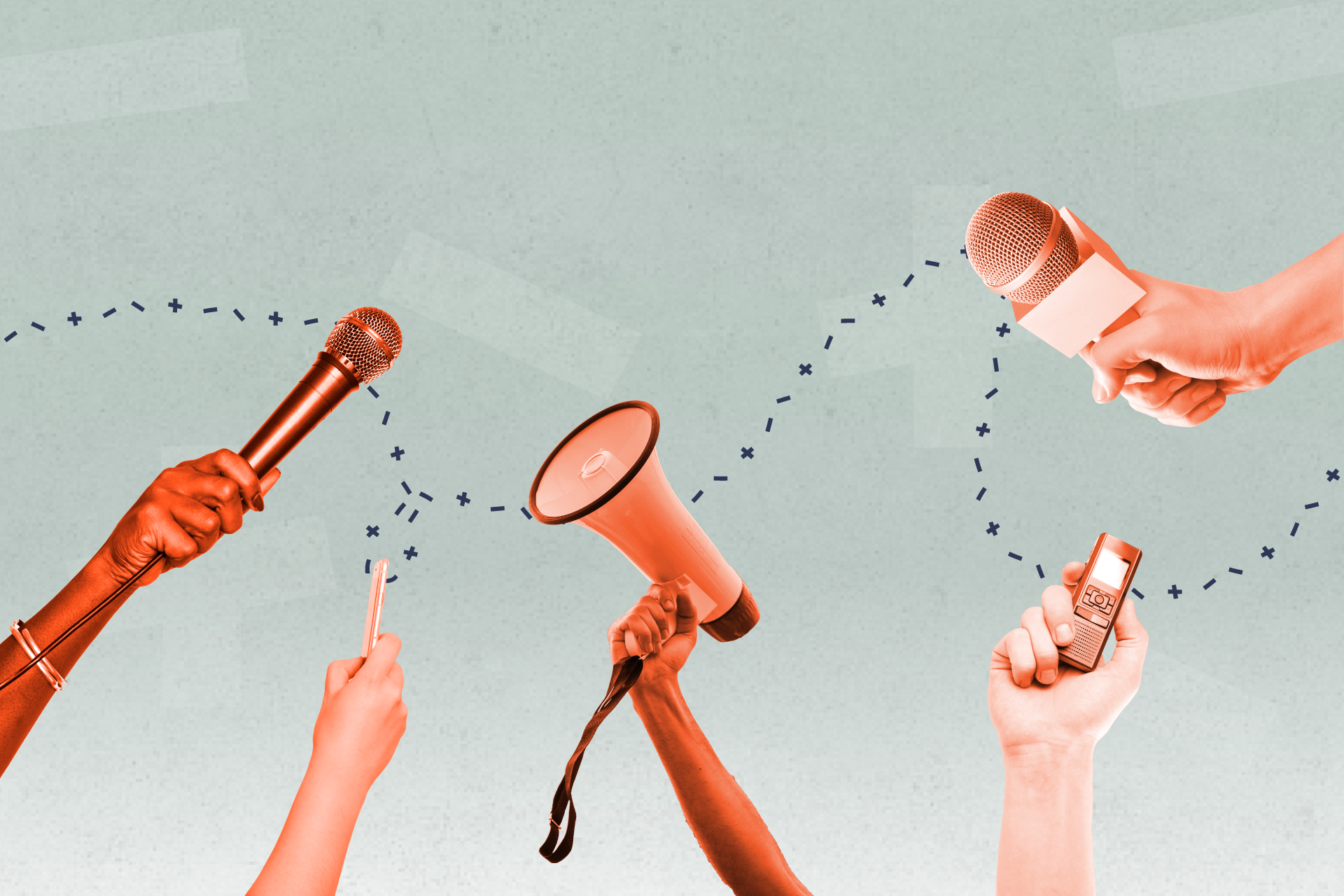 Four hands hold up a microphone, a pen, a megaphone, a recording device, and another microphone against a light blue background with a dotted line.