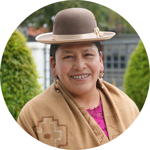 Portrait of former Bolivian Senator Virginia Velasco, a woman wearing a brown hat, traditional clothing with geometric patterns, and earrings smiles outdoors, with greenery and buildings blurred in the background.